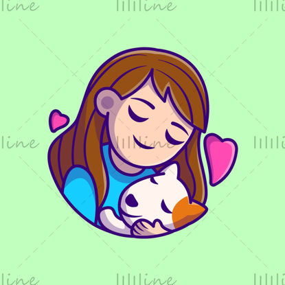 Vector illustration of cartoon girl hugging puppy