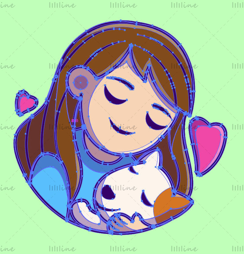 Vector illustration of cartoon girl hugging puppy