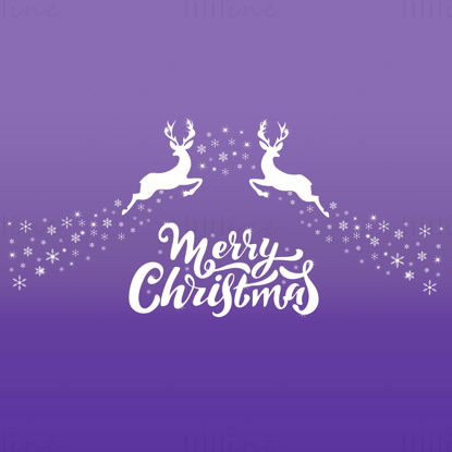 Mutlu Noeller vektör el yazısı. Mor lavanta arka planda beyaz harfler, geyikler, beyaz Noel deseni