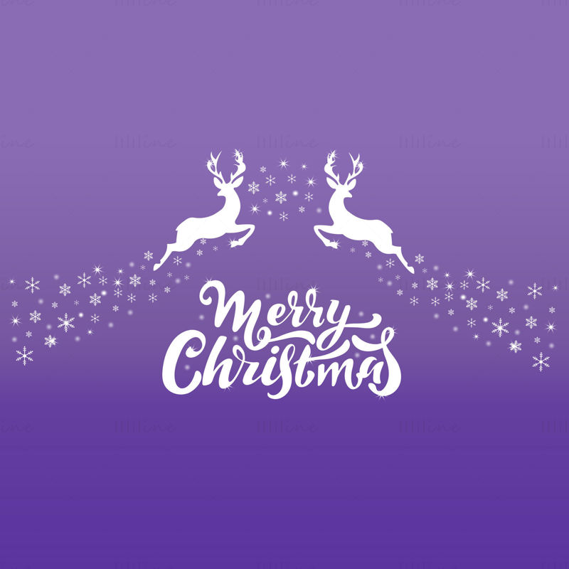 メリークリスマスベクトル手レタリング。白い文字、鹿、紫色のラベンダーの背景に白いクリスマスパターン