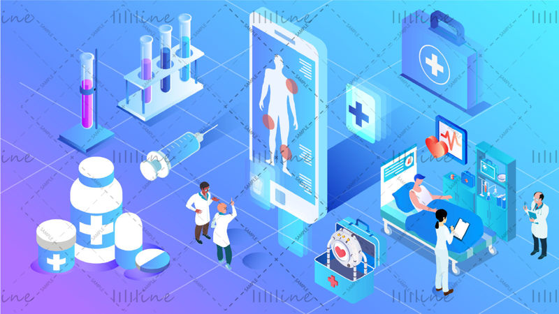 Isometric isometry 2.5D vector illustration of medical service/care/system