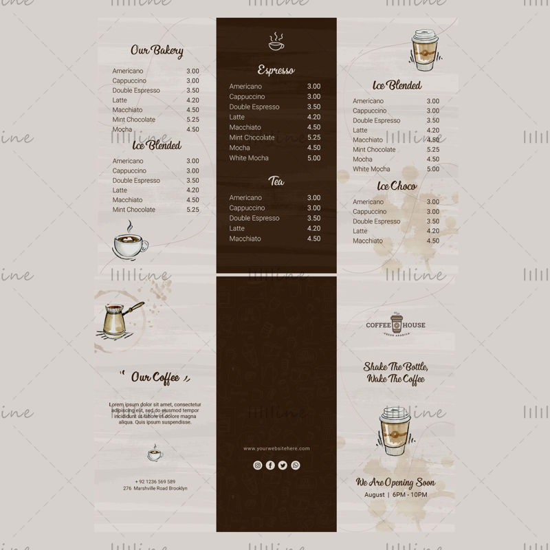 Coffee drink shop menu price tri fold flyer template