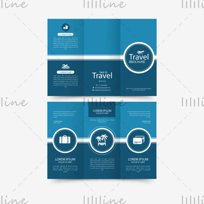 Mavi seyahat üçe katlanır sayfa vektör tasarım şablonu