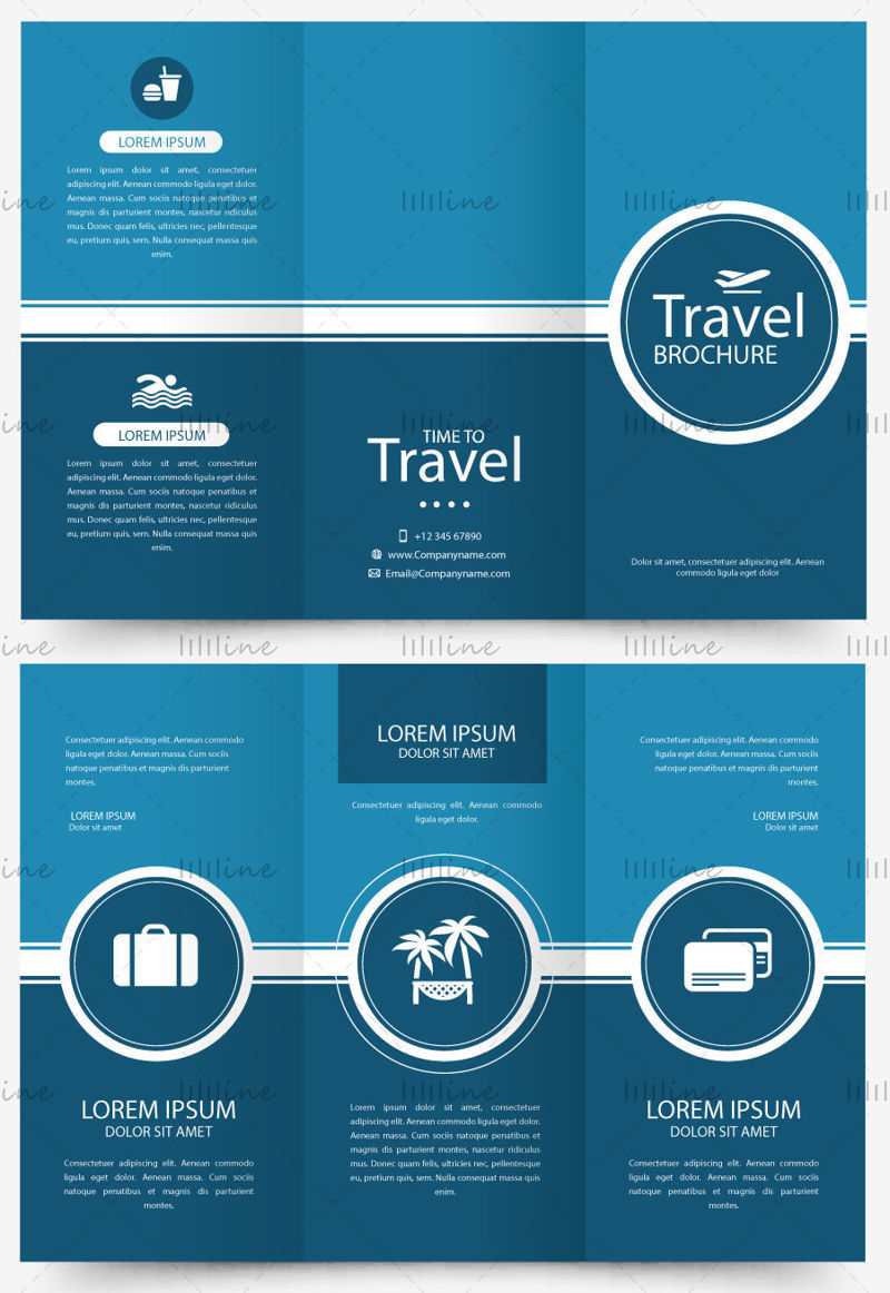 Blue travel tri-folding page vector design template