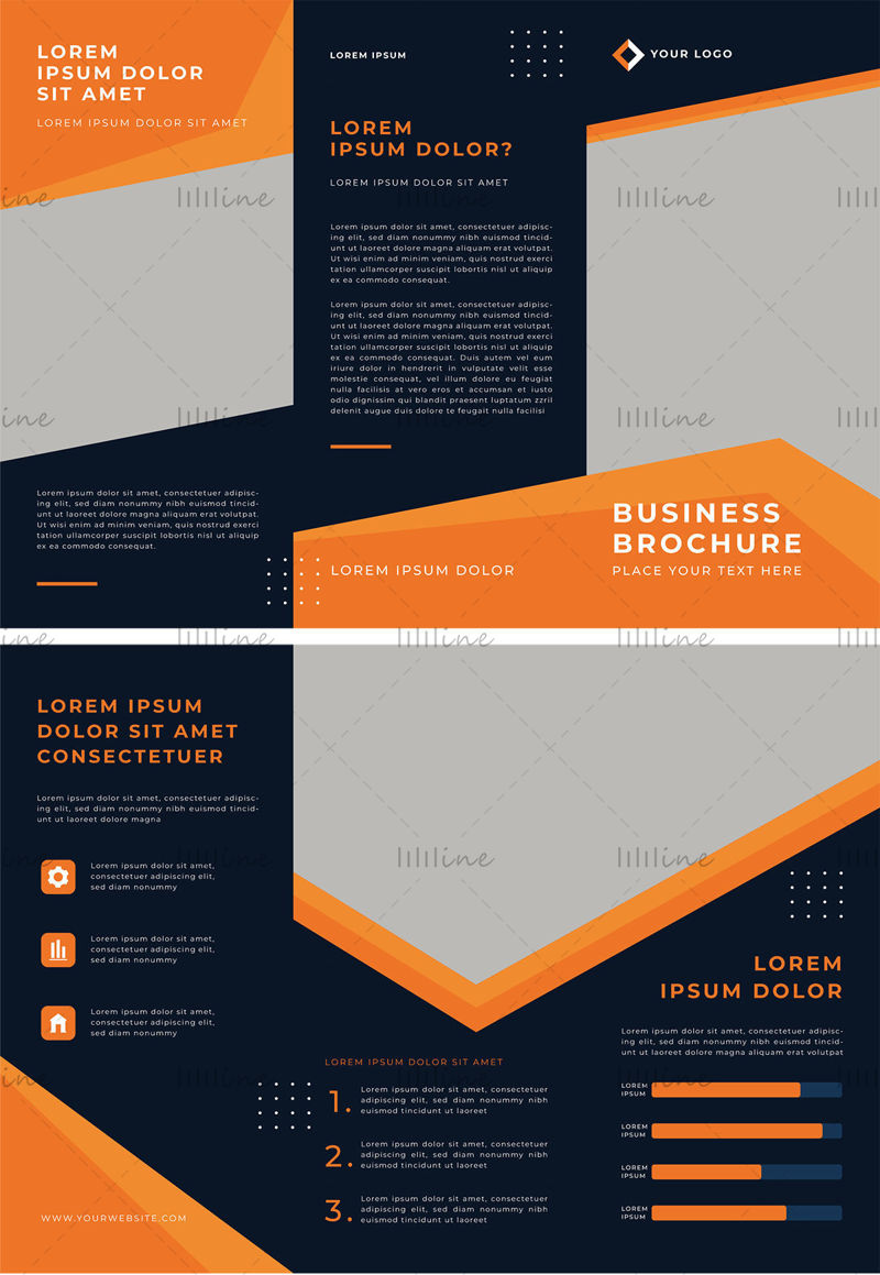 Orange black tri-folding vector leaflet