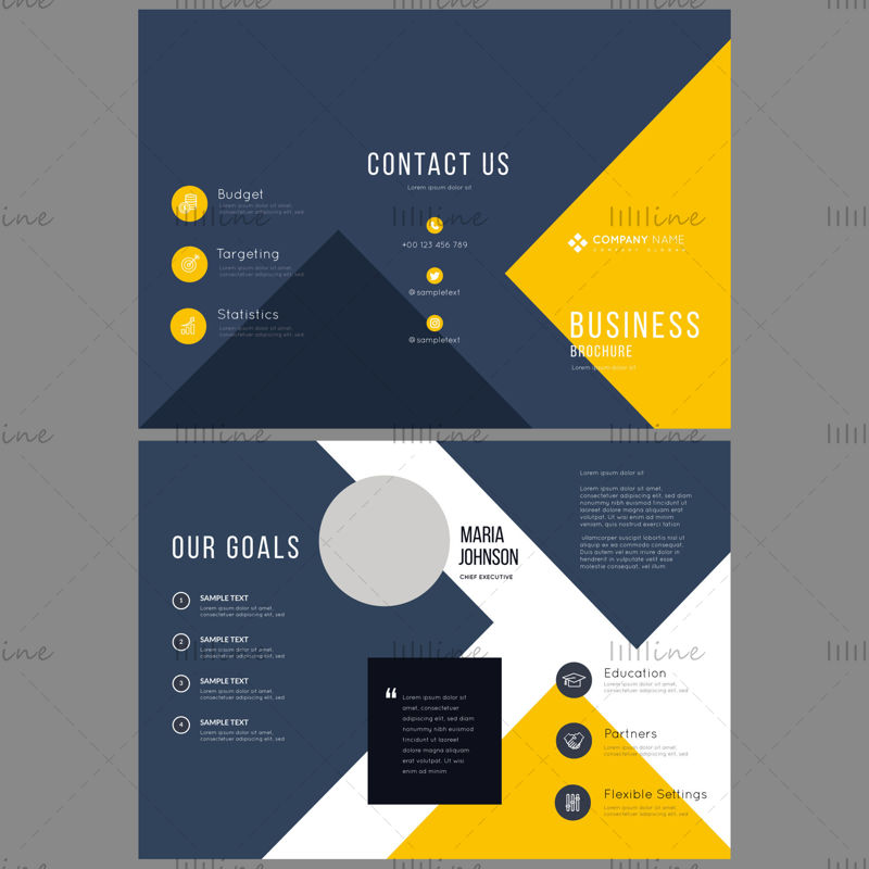 Blue and yellow business promotion tri-fold vector