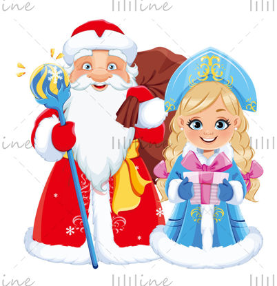 Ilustrație vectorială a lui Moș Crăciun și a unei fete prințese cu împletituri lungi