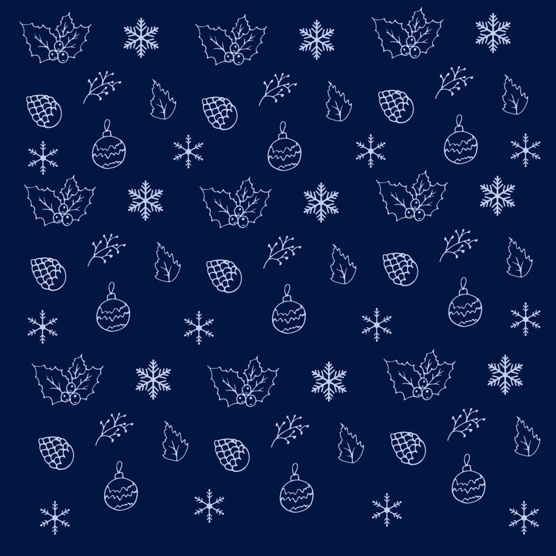 休日のヒイラギと雪の結晶のパターン。クリスマスのパターンと濃い青の背景に水色のパターン