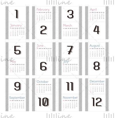 2022 2023 2024 Kalendervorlage/einfacher Stil mit schwarz-weißem Streifen/Linie/Grafik