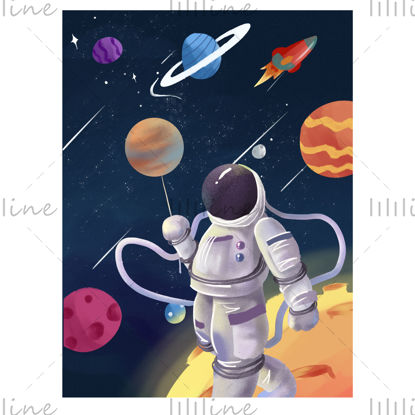 Ilustrație de explorare a galaxiei Spaceman a astronautului spațial din desene animate în universul cosmic