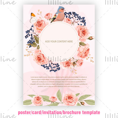Poster template with flowers and leaves and bird  Floral border Botanic illustration