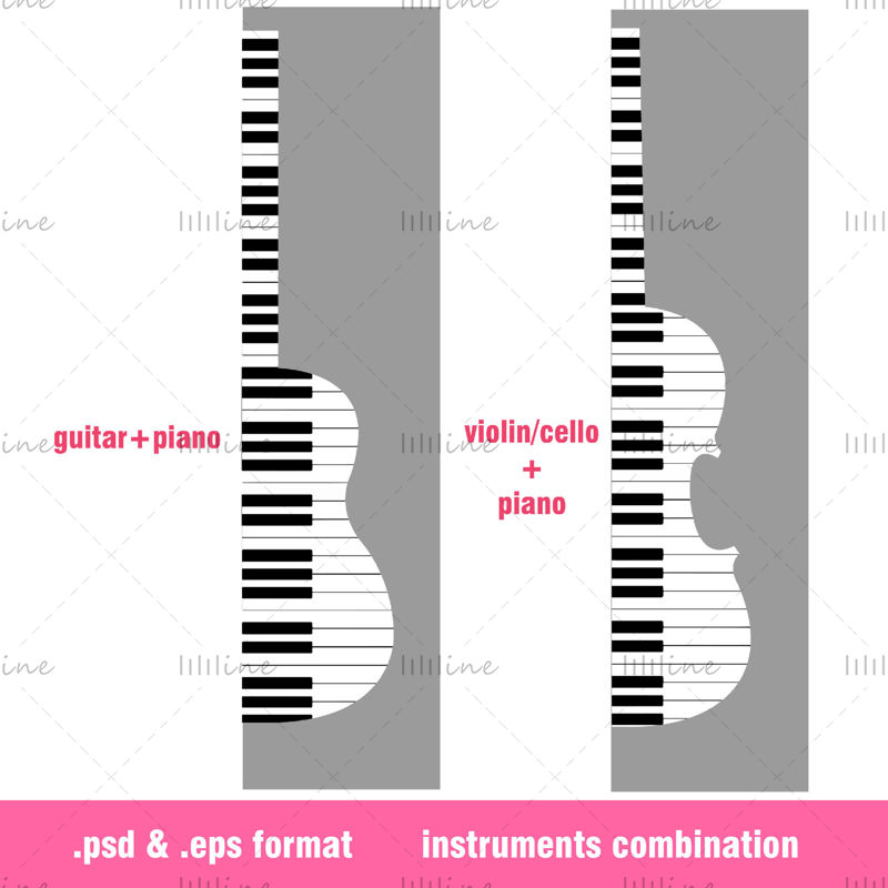 Illustrator ve Photoshop için piyano gitar keman tasarım vektörü psd eps