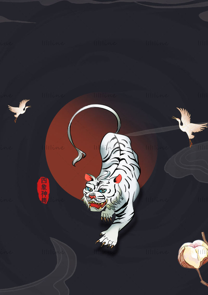 Chinese Style White Tiger White Crane Packaging Sticker PSD