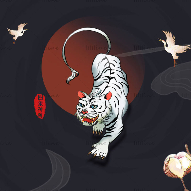 Chinese Style White Tiger White Crane Packaging Sticker PSD