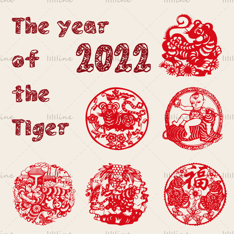Пролетен фестивал 2022 г., Нова година на тигъра Тигър, изрязан от хартия модел на прозорец AI Vector