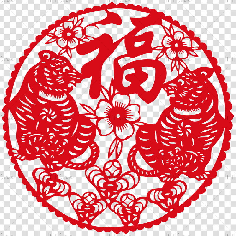 2022 Spring Festival, New Year of the Tiger Tiger paper-cut window pattern AI Vector