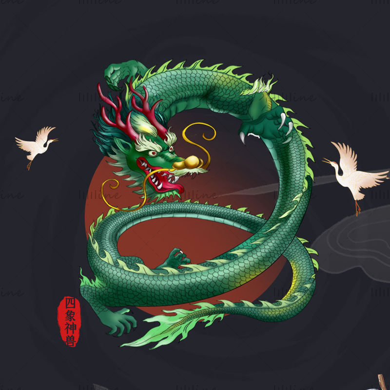 Chinese Fengshen Dragon White Crane Packing Sticker PSD