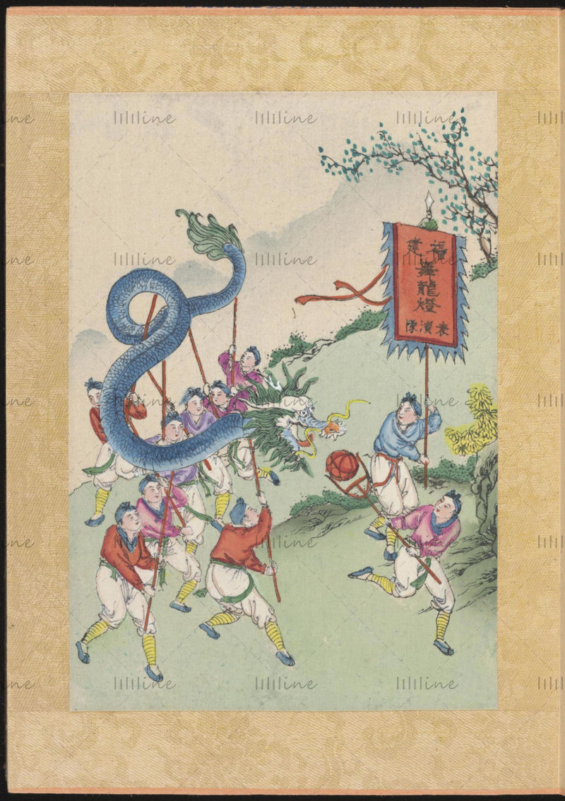 Ancient traditional Spring Festival customs folk activities freehand painting illustrations reference materials