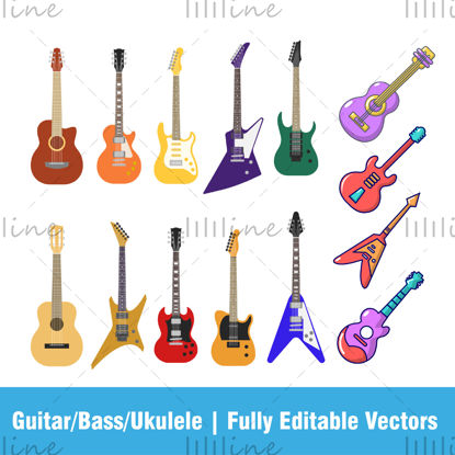 Gitar Vektörleri renkli düz çizgi film tarzı klasik akustik elektro halk gitarları bas ukulele