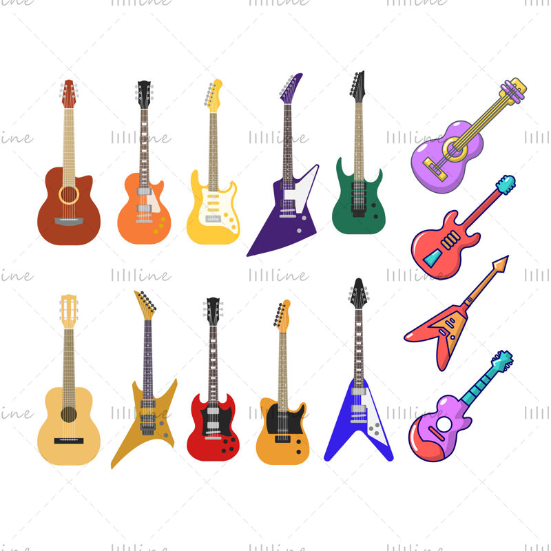 Guitar Vectors colorful flat cartoon style classical acoustic electric folk guitars bass ukulele