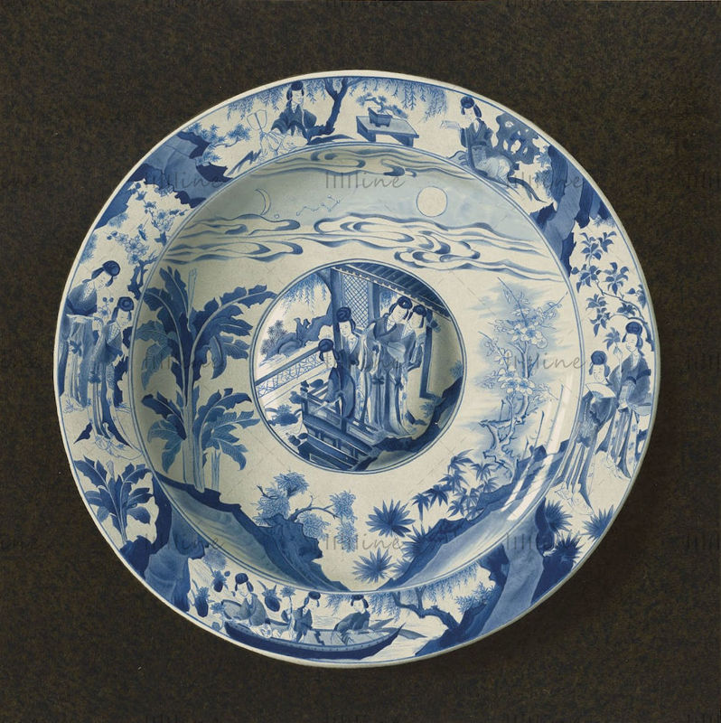 Gammel kinesisk håndmalt blå og hvit keramisk hd-referanse