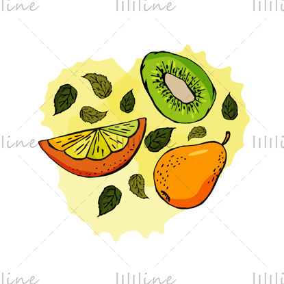 Fructe. Set de pere kiwi portocală felie și frunze. Fundal de pete de acuarelă portocalie. Setul este pentru suc de fructe, ambalaje, carte de vizită, flyer, banner, șablon, autocolant. Ilustrație vectorială