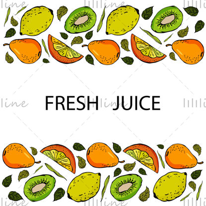 Fresh juice. Set of pear kiwi orange slice lemon and leaves top and bottom. white background. Set is for fruit juice, packaging, business card, flyer, banner, template, sticker. Vector illustration
