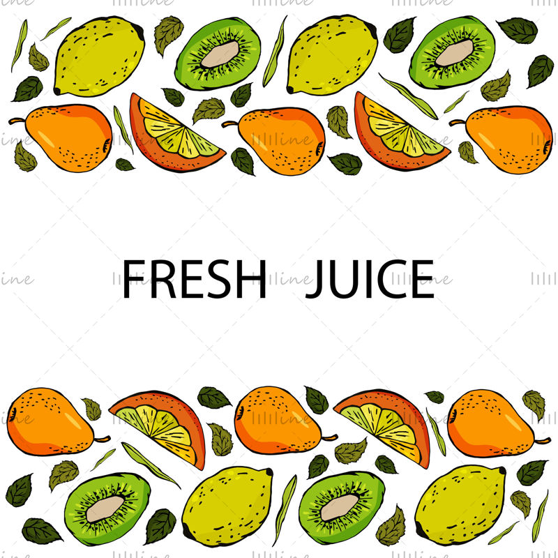 Frischer Saft. Satz Birnen-Kiwi-Orangenscheibe Zitrone und Blätter oben und unten. weißer Hintergrund. Set ist für Fruchtsaft, Verpackung, Visitenkarte, Flyer, Banner, Vorlage, Aufkleber. Vektor-Illustration