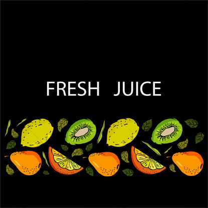 新鲜果汁。一组梨猕猴桃橙片柠檬和列中的叶子。黑色背景。套装用于果汁、包装、名片、传单、横幅、模板、贴纸。矢量图