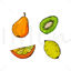 Fruit set of pear kiwi orange slice lemon and leaves. Green orange yellow colors. Set is for fruit juice, packaging, business card, flyer, banner, template, sticker. Vector illustration.