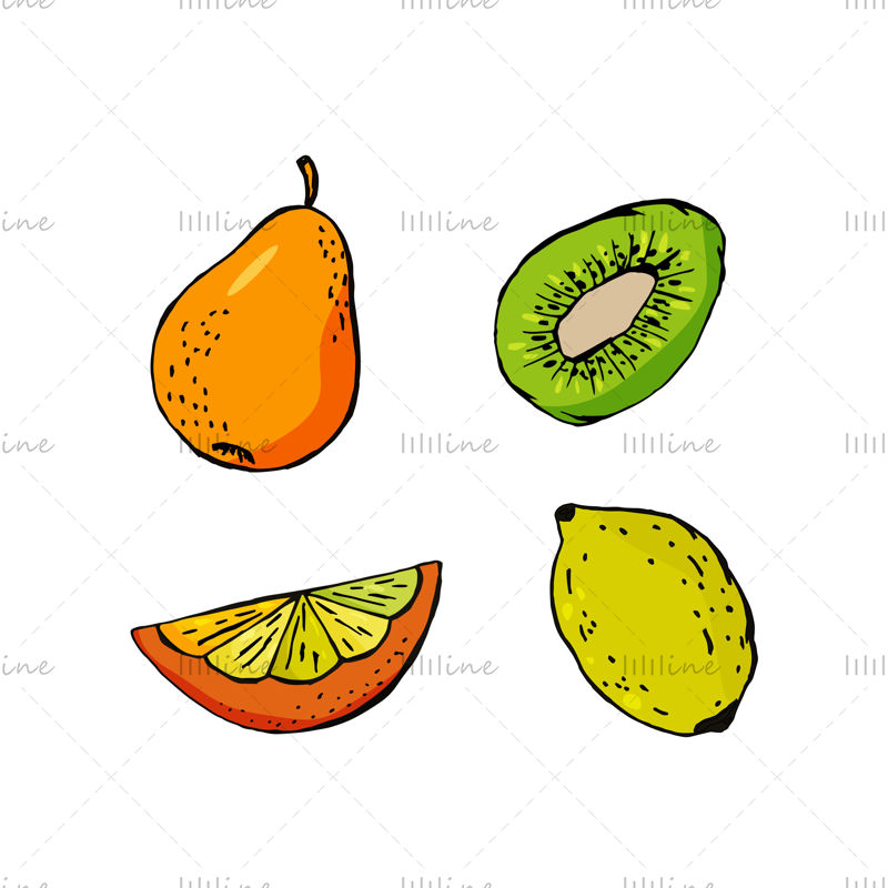Allegagione di pera kiwi fetta d'arancia limone e foglie. Colori giallo arancio verde. Il set è per succhi di frutta, imballaggi, biglietti da visita, volantini, banner, modelli, adesivi. Illustrazione vettoriale.