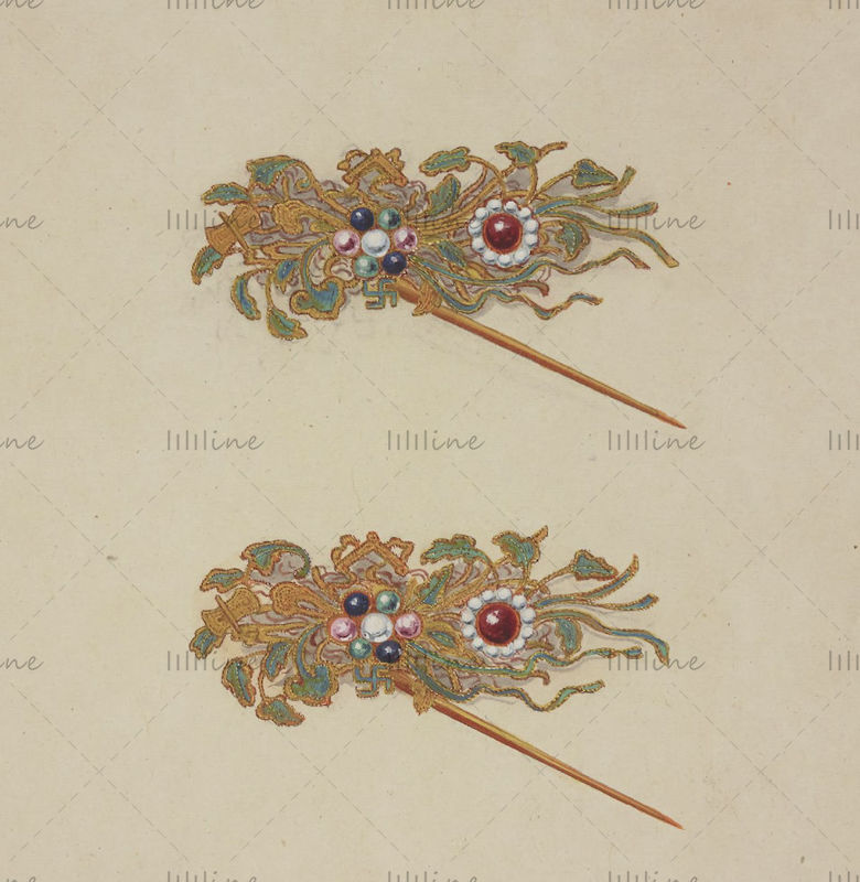 سلالة تشينغ الصينية القديمة أنثى غطاء الرأس مطلي بالجواهر HD صورة مرسومة باليد