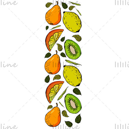 Sol sütunda armut kivi portakal dilim limon ve yapraklardan oluşan meyve seti. Yeşil turuncu sarı renkler. Set meyve suyu, paketleme, kartvizit, el ilanı, afiş, şablon, çıkartma içindir. vektör çizim