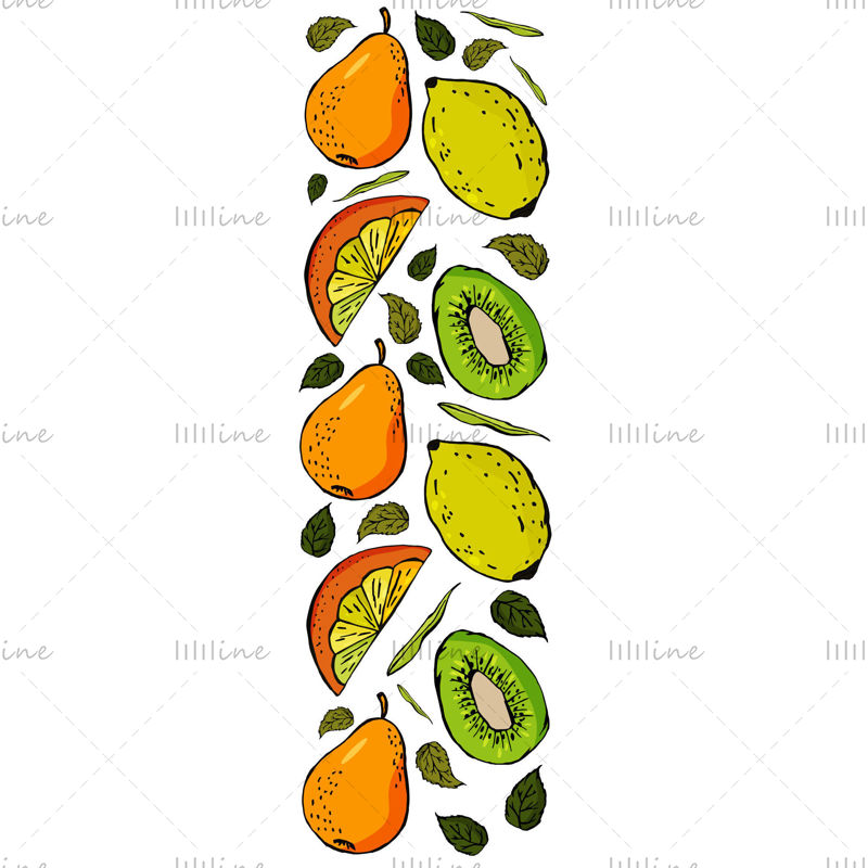 Sol sütunda armut kivi portakal dilim limon ve yapraklardan oluşan meyve seti. Yeşil turuncu sarı renkler. Set meyve suyu, paketleme, kartvizit, el ilanı, afiş, şablon, çıkartma içindir. vektör çizim