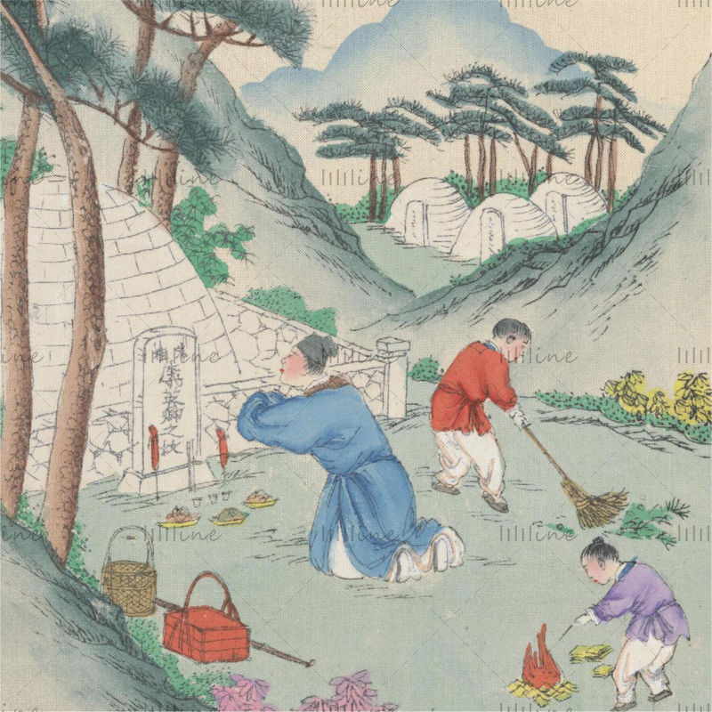 Obiceiuri tradiționale chinezești de festival - Măturarea mormântului manual - imagine de referință pictată