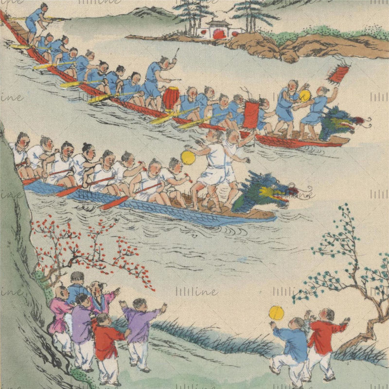 Chinese traditional Festival custom - Duanyang dragon boat race hand-painted reference picture