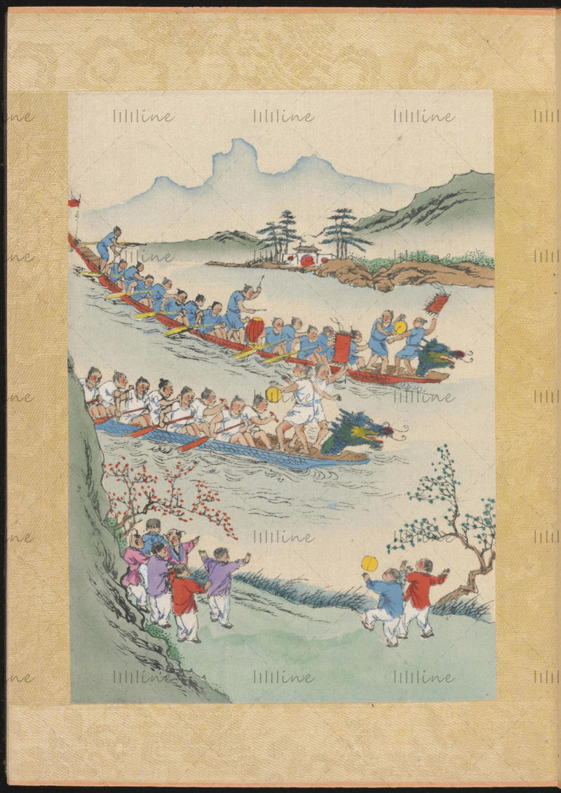 Chinese traditional Festival custom - Duanyang dragon boat race hand-painted reference picture