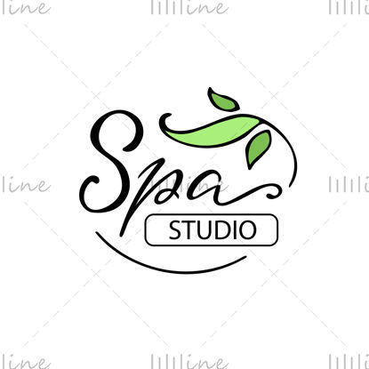 Estudio balneario. Logotipo escrito a mano en letras negras con elemento floral verde