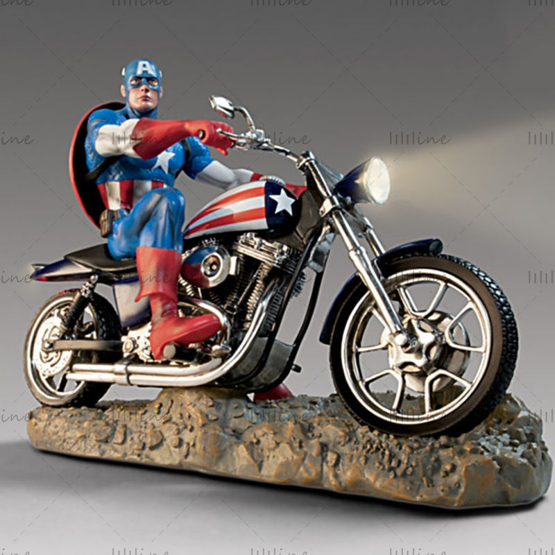 Captain America on Motorcycle 3D Model Ready to Print