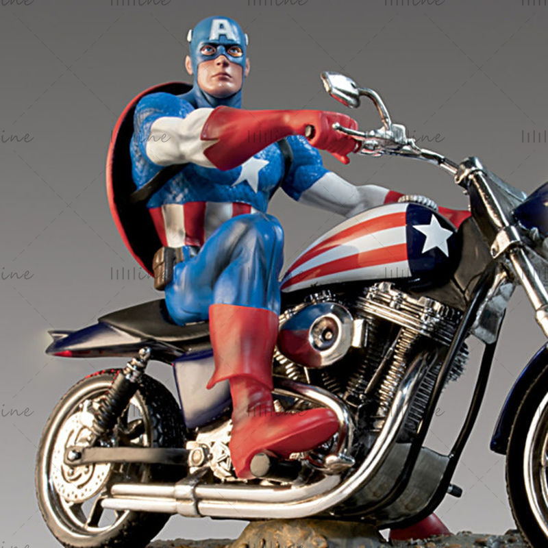 Captain America on Motorcycle 3D Model Ready to Print