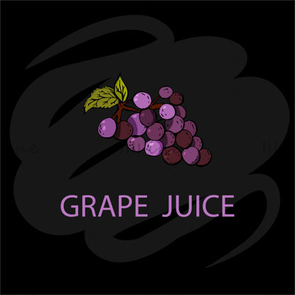 グレープジュース。果物。黒の背景に紫と紫のブドウ。セットは、フルーツジュース、パッケージ、名刺、チラシ、バナー、テンプレート、ステッカー用です。手レタリングとベクトルデジタルイラスト