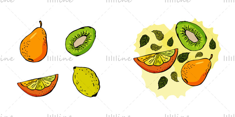 Gyümölcsök digitális illusztráció Készlet narancs körte citrom kivi