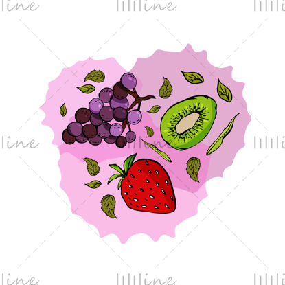Fruits digital illustration  Set of grape strawberry kiwi and leaves