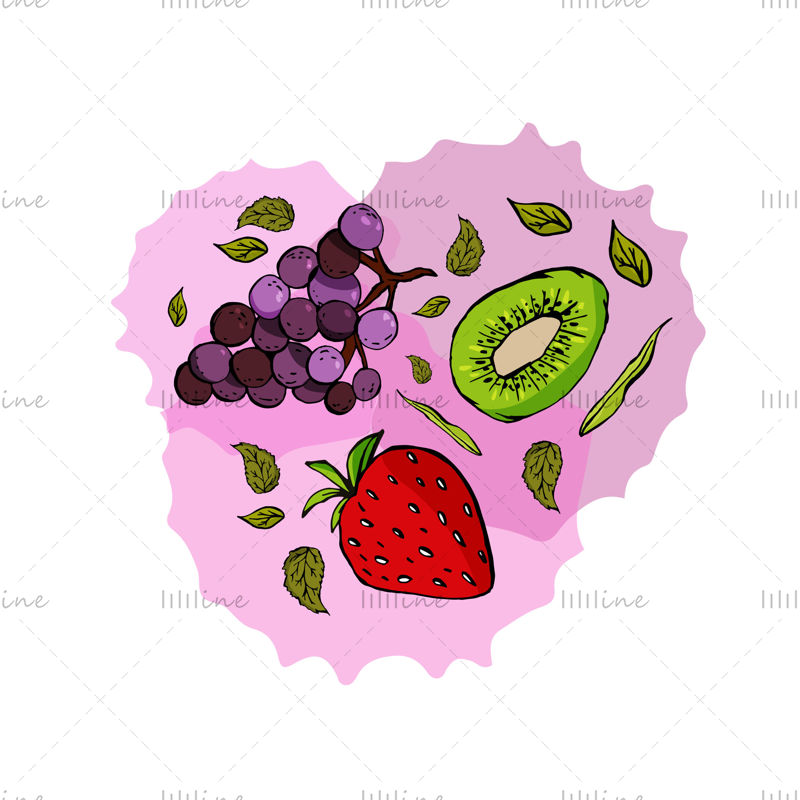 مجموعه ای از کیوی توت فرنگی انگور و برگ های تصویری دیجیتال میوه ها