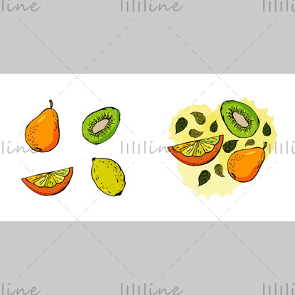 Дигитална илустрација воћа Сет од наранџасте крушке и лимуна кивија
