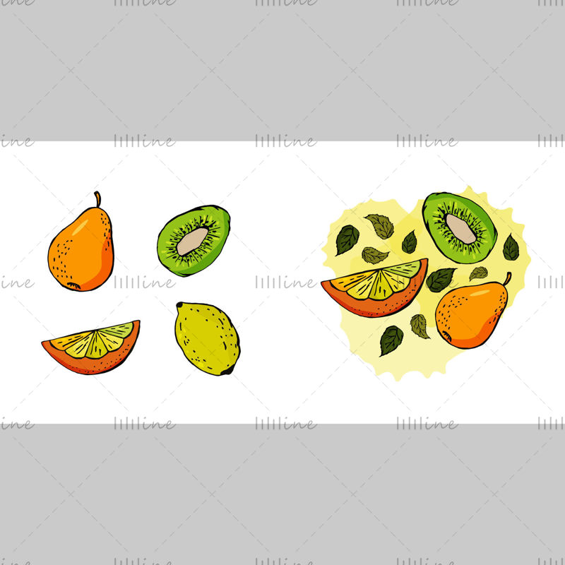 Fruit digitale afbeelding Set van sinaasappel peer citroen kiwi