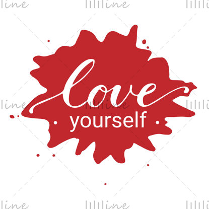 Love yourself Vector hand lettering White letters on the red watercolor spot