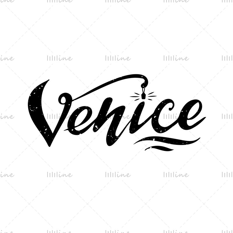 Benátky vektorové ruční písmo černými písmeny s designovým prvkem baterkou a texturou