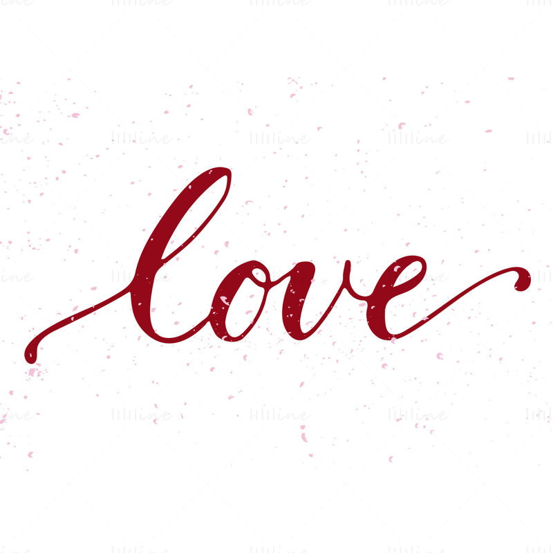 Ljubezen vektorski napis z roko. Temno rdeče črke na belem ozadju z rožnato teksturo okoli. Trend kaligrafija je namenjena tiskanju prazničnih vabil, zvezkov.