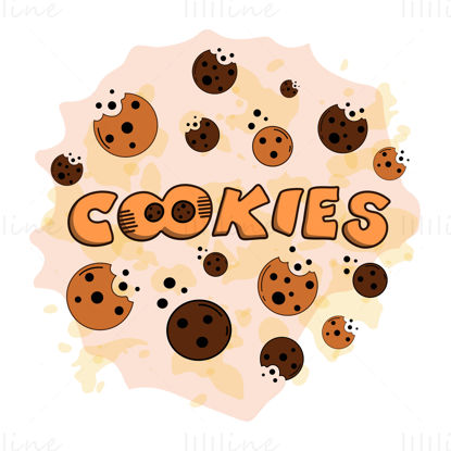 Cookies hand-lettering logo, digital vector illustration of brown cookies with chocolate balls on the watercolor spot. The illustration is for the cookie packaging banner cards poster. Dessert.